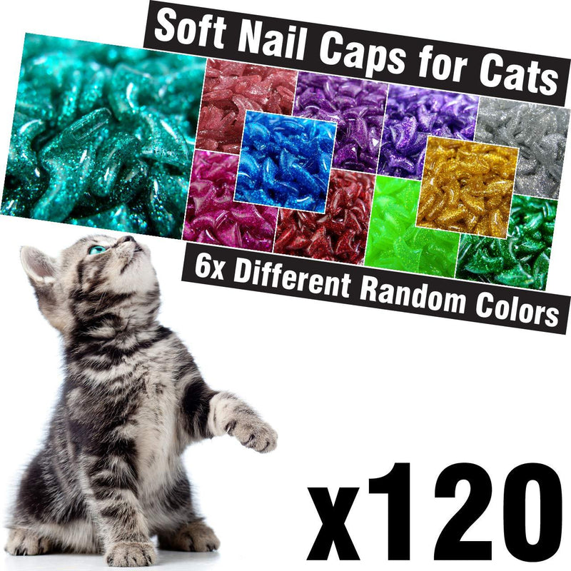 [Australia] - zetpo 120 pcs Glitter Soft Cat Claw Caps for Cats Nail Claws 6X Different Random Colors + 6X Adhesive Glue + 6X Applicator, Pet Cap Tips Cover Paws Grooming Soft Covers Medium 