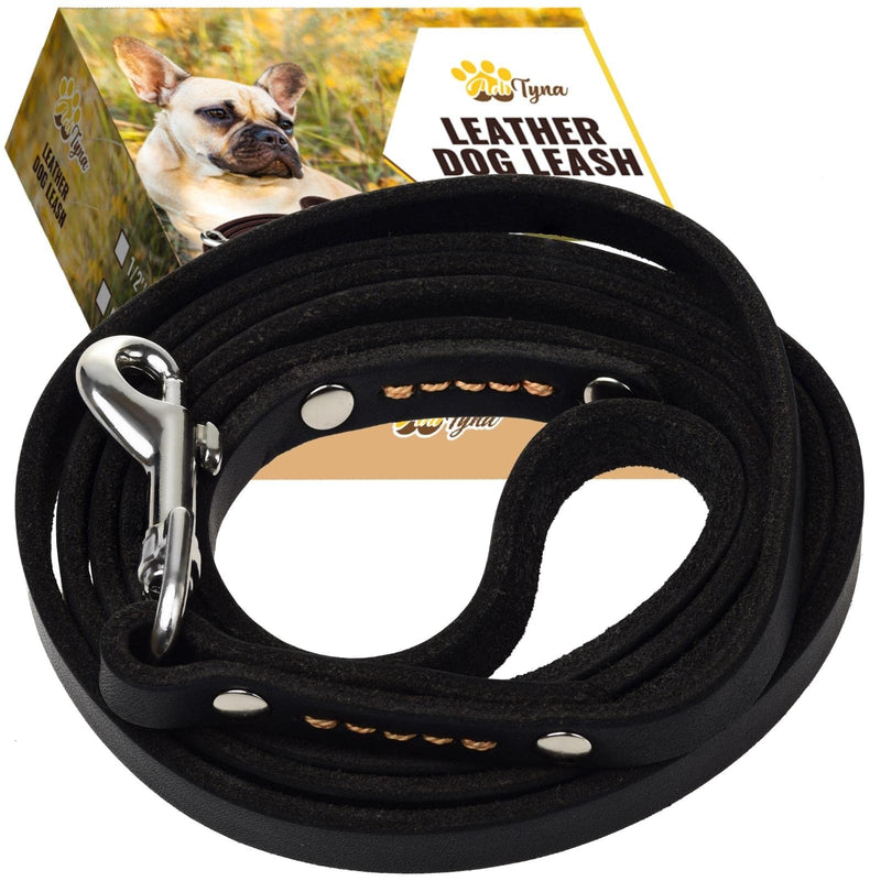 ADITYNA Leather Dog Leash 6 Foot - Soft and Strong Leather Leash for Small and Medium Dog 6 ft x 1/2" Black - PawsPlanet Australia