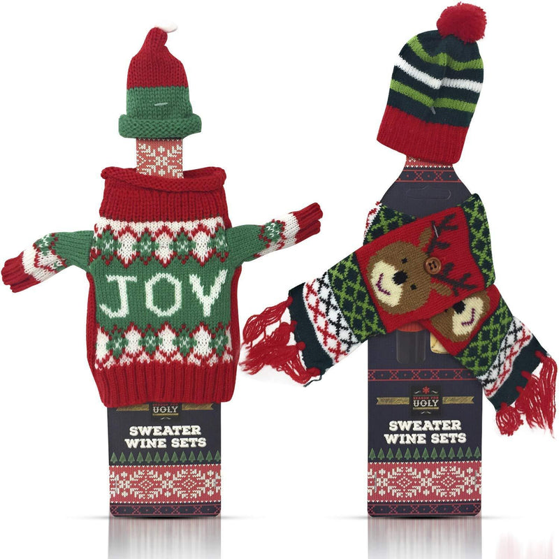 Christmas Wine Bottle Cover Decorations - Wine Accessories for 2 Bottles - 1 Ugly Xmas Sweater with Hat Set and 1 Scarf with Hat Set - Holiday Party Decoration Table Decor - Random Styles Colors Vary - PawsPlanet Australia