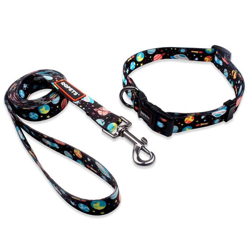 [Australia] - QQPETS Dog Collar Leash Set Adjustable Personalized Basic Collars Leash with Handle for Puppy Medium or Large Dogs Training Walking Running Starry Sky Pattern S 