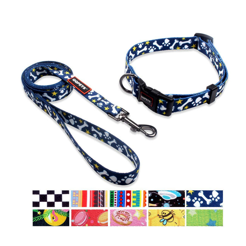[Australia] - QQPETS Dog Collar Leash Set Adjustable Personalized Basic Collars Leash with Handle for Puppy Small Medium Large Dogs Training Walking Running Bone Pattern S 