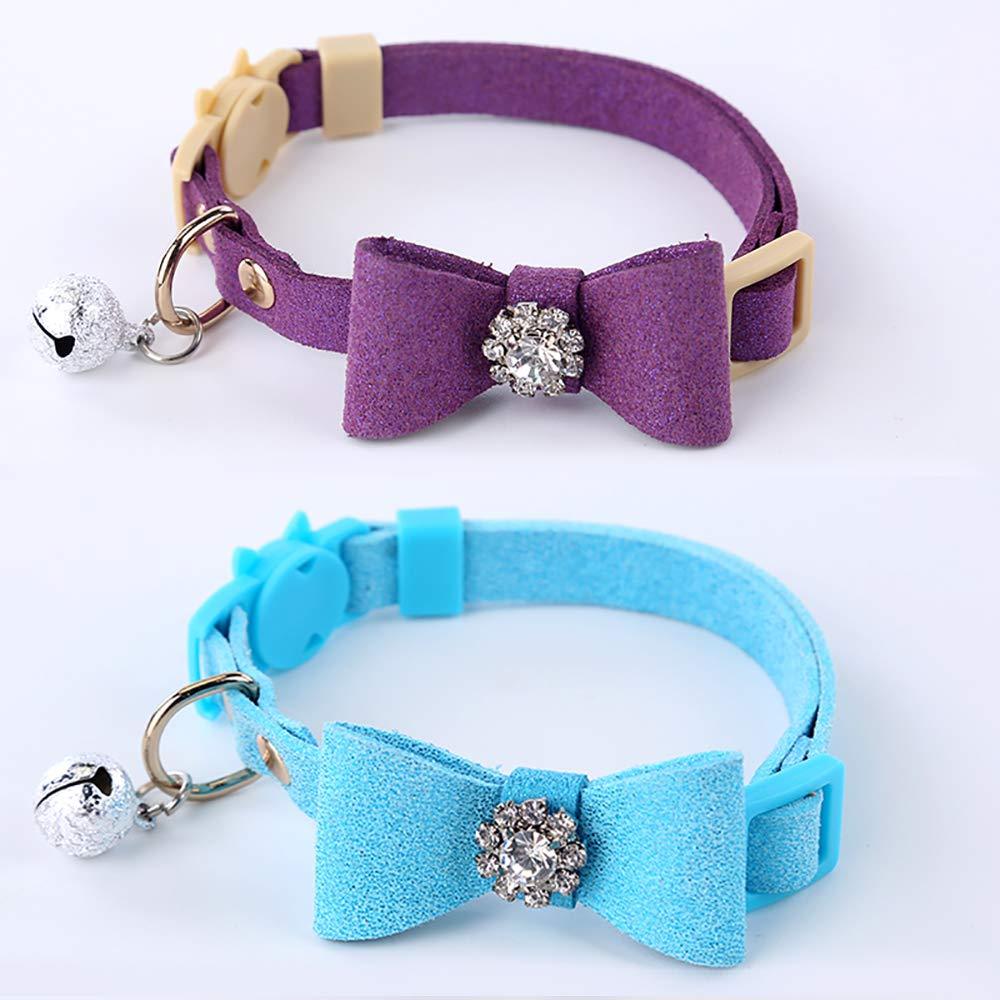 GOPET Adjustable Cat Collar Set Breakaway with Diamonds Bowtie Bell for Puppy Kitten (2 Pack) Blue+Purple - PawsPlanet Australia