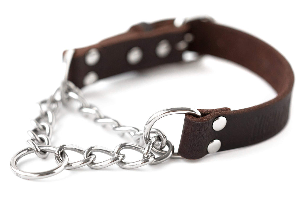 [Australia] - Mighty Paw Leather Training Collar, Martingale Collar, Stainless Steel Chain - Premium Quality Limited Chain Cinch Collar. Large Brown 