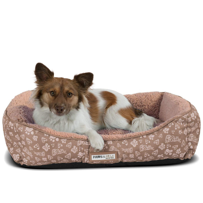 [Australia] - Paws & Pals Dog Bed for Pets & Cats - Printed Lounger with Self Warming Cozy Inner Cushion for Home, Crate & Travel - Large, Beige 
