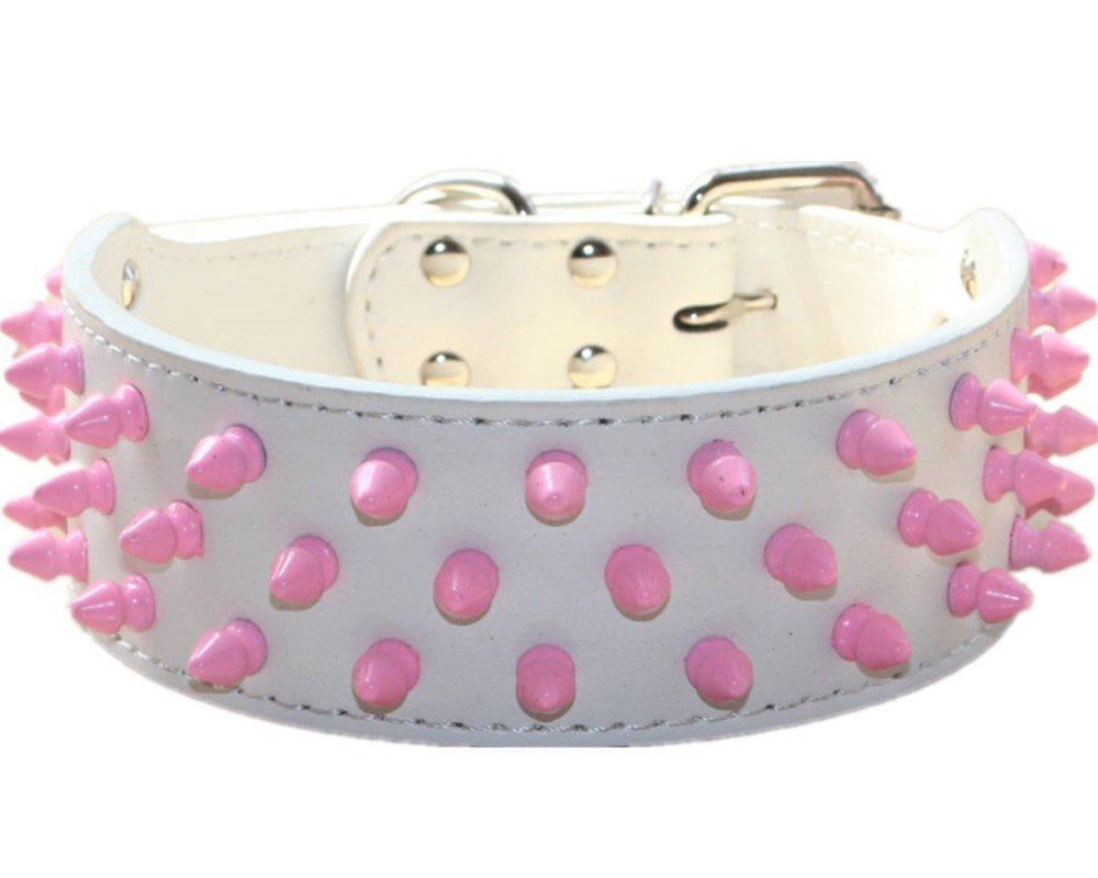 [Australia] - haoyueer 2 inch Wide Leather Dog Collars Cool Pink Spiked Studded Pet Dog Collar for Medium Large Dogs Pit Bull Mastiff Bully Boxer XL White 