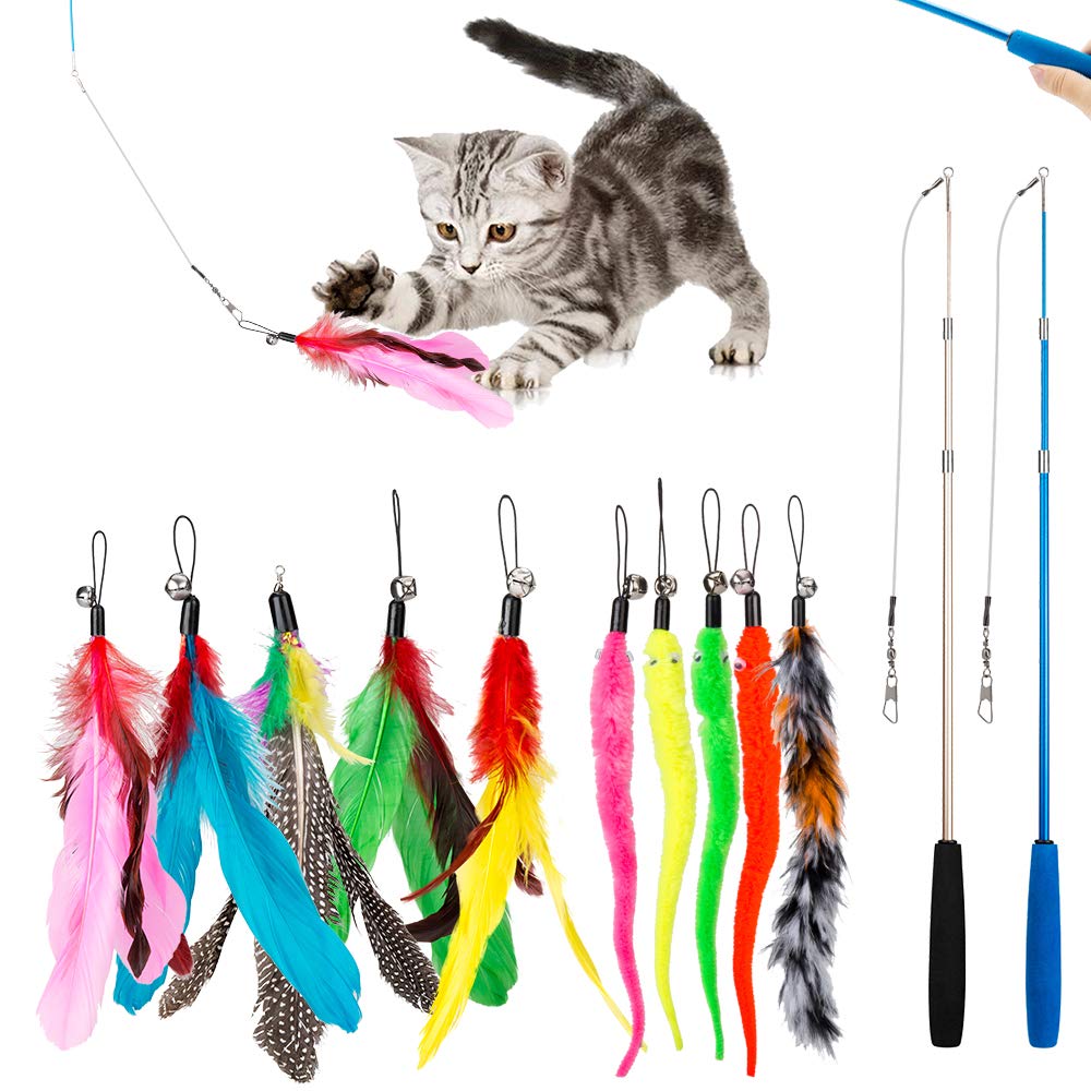 JIARON Cat Feather Toy, 2PCS Retractable Cat Wand Toys and 10PCS Replacement Teaser with Bell Refills, Interactive Catcher Teaser and Funny Exercise for Kitten or Cats. - PawsPlanet Australia