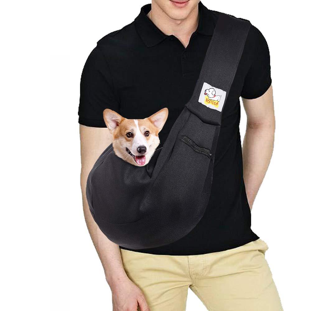 [Australia] - HOPELF Pet Dogs Sling Carrier with Pocket Hands Free Reversible Puppy Outdoor Travel Bag Purse Black Adjustable 