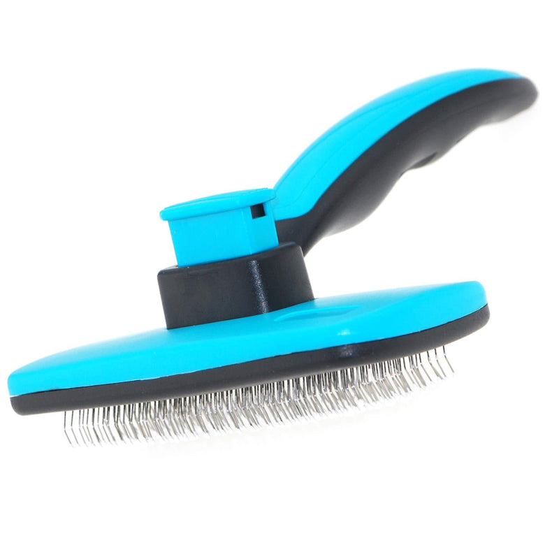 [Australia] - Mile High Life Self-Cleaning Slicker Grooming Dogs Cats Brush | Under Coat Rake for Loose Fur | Long Short Haired Pet | Blue Pink Color | Comfy Message Head Relaxation | Push Button for Easy Clean 