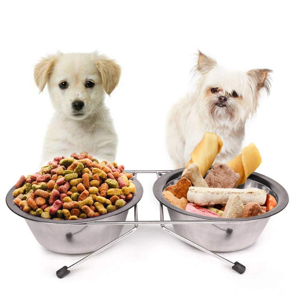 [Australia] - Gozier Double Diner Pet Bowls Cups, Stainless Steel Food Water Bowls Bunny Feeder Coop Cups with Non Slip Feeding Station for Dogs Cats Rabbit Bird Medium Large Animals in Crate Cage M 