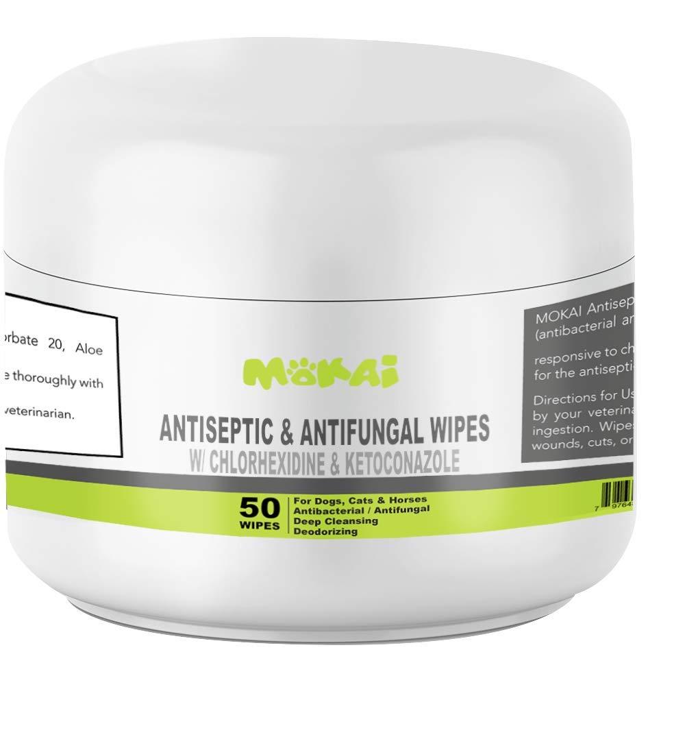 MOKAI Antiseptic Wipes for Dogs Cats and Horses | Dog Chlorhexidine Wipes with Medicated Ketoconazle Dermatological Pads Hot Spots Itchy Paws Skin Rashes Dermatitis Ringworm Product Name - PawsPlanet Australia