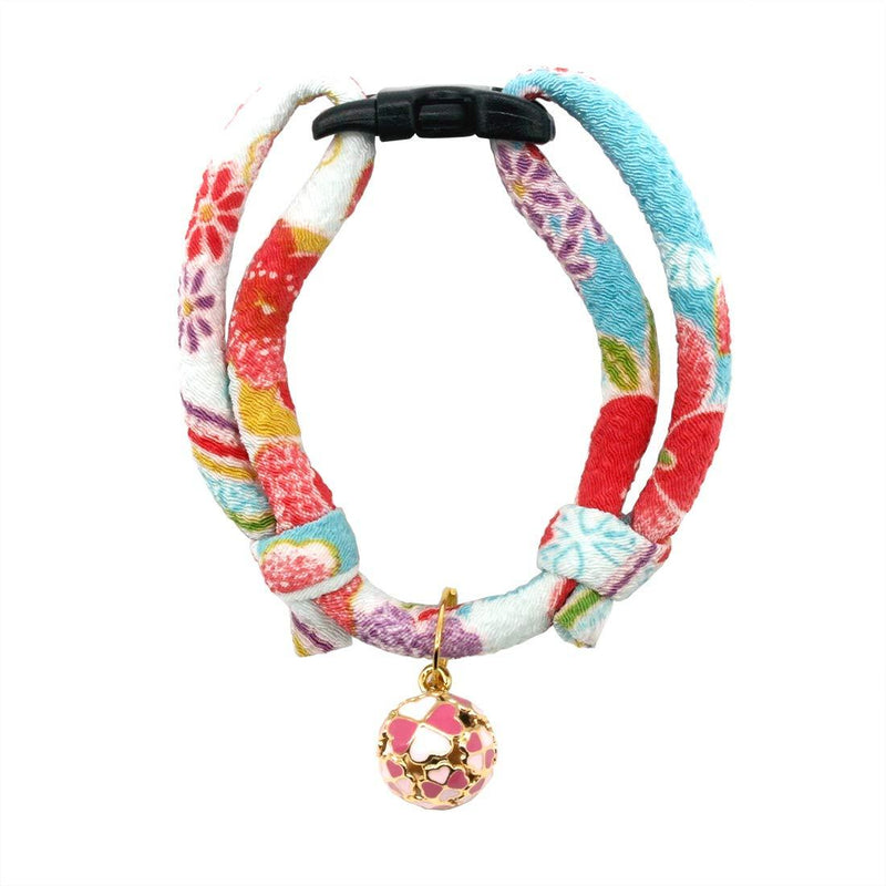 PetSoKoo Quality Chirimen Breakaway Cat Collar with Four-Leaf Clover Bell. Cherry Blossom Flower Pattern. Japan Sakura Style, Cute Cat Collars for Girl Boy Female Male Cats Standard (6-13 inch,16-32cm) Baby Blue - PawsPlanet Australia
