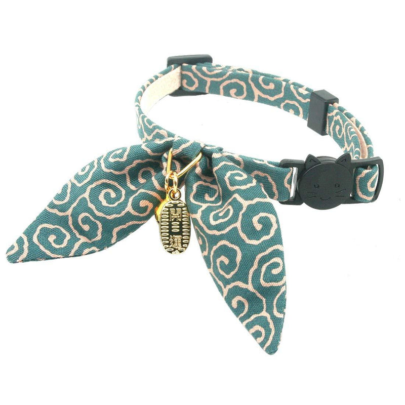 PetSoKoo Cute Bunny Ears Bowtie Cat Collar with Bell, Ancient Arabesque Print, Japan Lucky ’開三運’ Charm. Safety Breakaway, Soft, for Girl Boy Male Female Cats Standard (8-12inch,20-31cm) Dark Cyan - PawsPlanet Australia