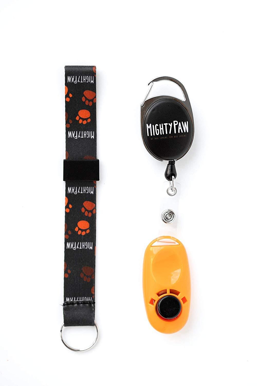 Mighty Paw Dog Training Clicker, 2 Attachment Options, Retractable Belt Clip + Wrist Lanyard (Orange) Orange - PawsPlanet Australia