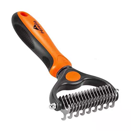 Peteola Pet Grooming Brush - 2 Sided Undercoat Rake for Cats & Dogs Comb - No More Nasty Shedding and Flying Hair - The Safe Dog Hair & Cat Hair Shedding Tool Orange - PawsPlanet Australia