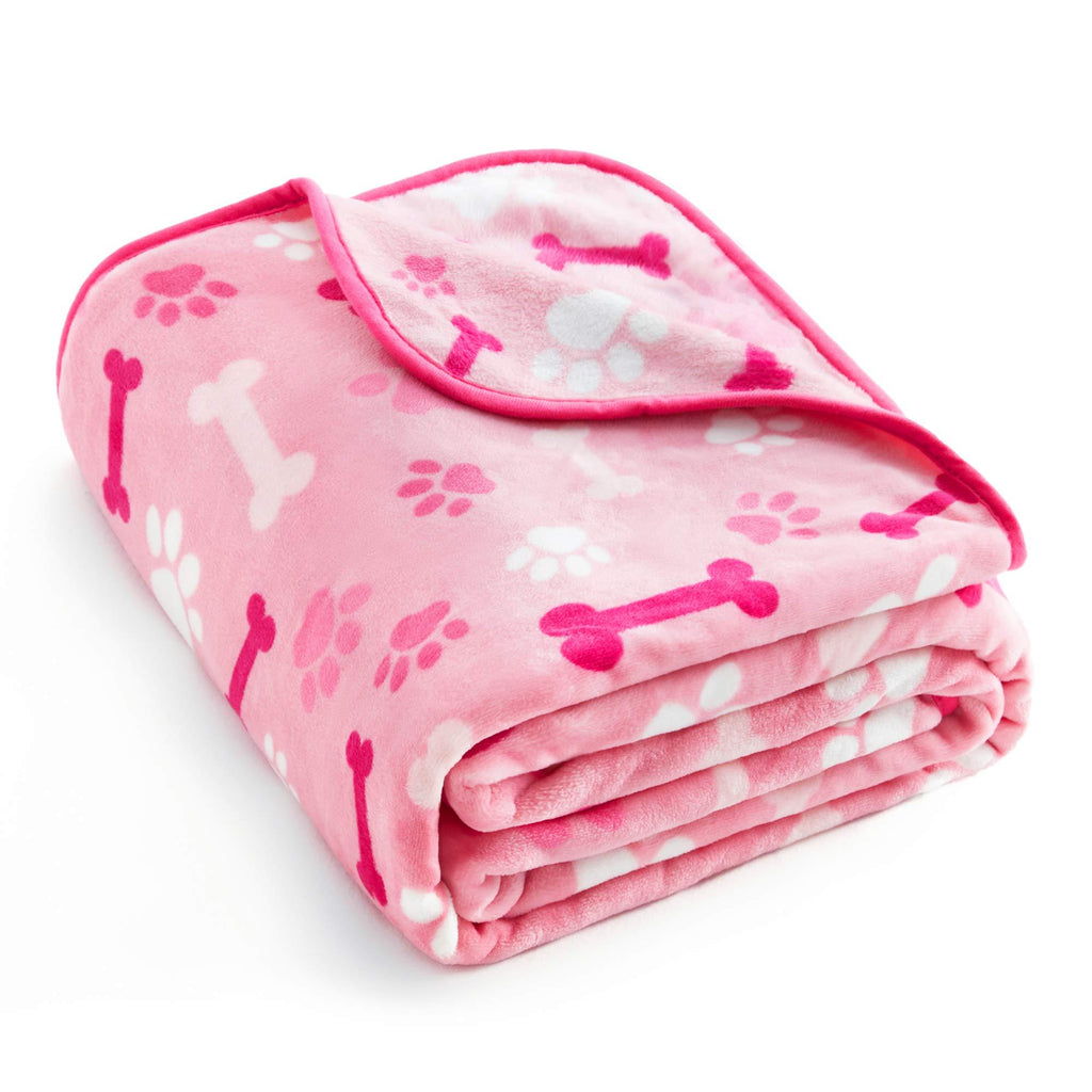 [Australia] - ALLISANDRO 350 GSM-Super Soft and Premium Fuzzy Flannel Fleece Pet Dog Blanket, The Cute Paw and Bone Design Washable Fluffy Blanket for Puppy Cat Kitten Indoor or Outdoor, Pink and Blue 32" x 24" 