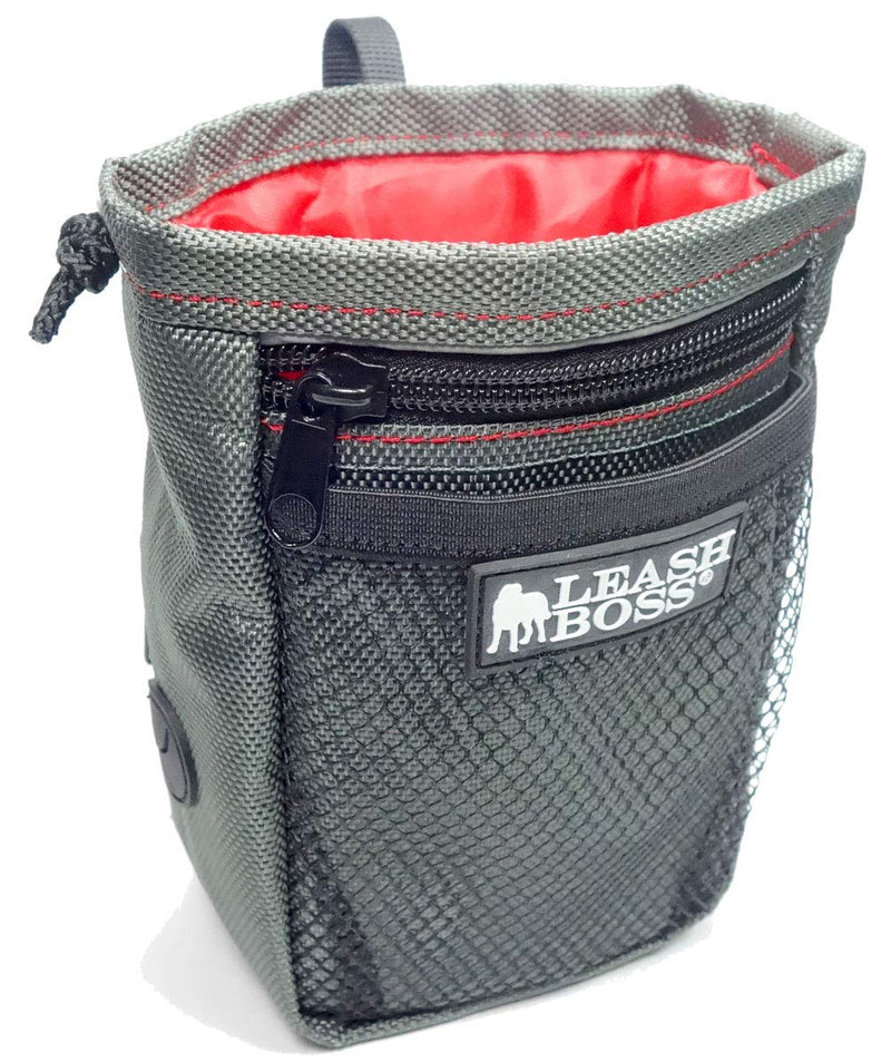 [Australia] - Leashboss Dog Treat Pouch for Training with Poop Bag Dispenser, Waist Attachment or Belt Loop Grey/Red/Black Standard 