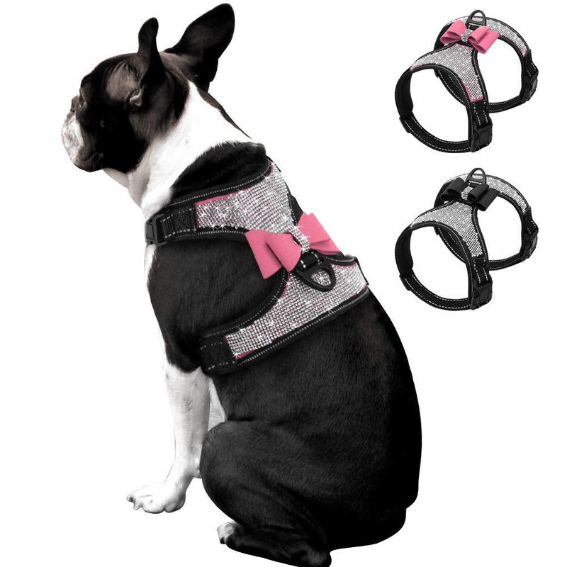 [Australia] - Beirui Rhinestone Dog Harness - No Pull Reflective Bling Nylon Dog Vest with Sparkly Bow Tie for Small Medium Large Dogs Walking Party Wedding,Black,Pink,S,M,L S:Neck 11.5",Chest 13" Pink 