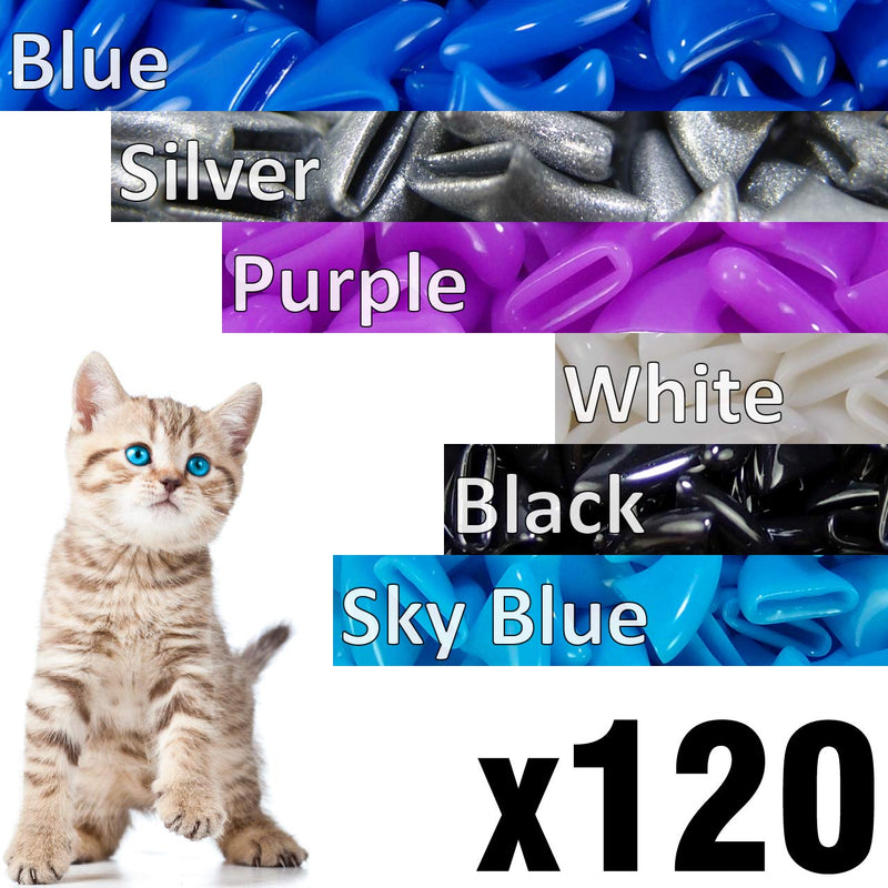 [Australia] - zetpo 120 pcs Soft Cat Claw Caps for Cats Nail Claws 6X Colors + 6X Adhesive Glue + 6X Applicator, Pet Cap Tips Cover Paws Grooming Soft Covers S Blue, Silver, Purple, White, Black, Sky Blue 