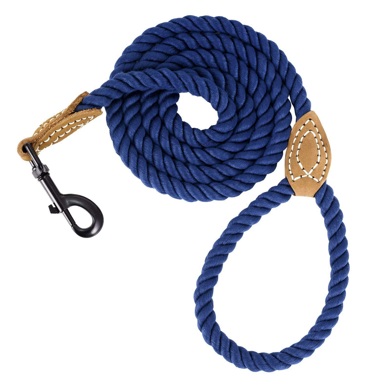 Mile High Life Braided Cotton Rope Leash with Leather Tailor Handle and Heavy Duty Metal Sturdy Clasp (4/5/6 FEET) 4 FT Blue - PawsPlanet Australia