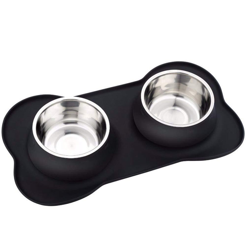 [Australia] - Guardians Dog Bowls with Mat, Stainless Steel Dog Food Bowls, No Spill Non-Skid Silicone Mat Pet Feeder Bowl for Medium Animals L(26.5oz+26.5oz) Black 