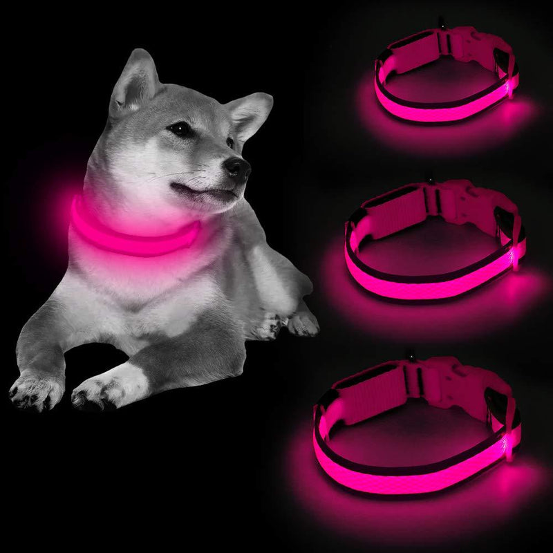 [Australia] - Clan-x LED Dog Collar, USB Rechargeable Light Up Collars, Adjustable Mesh Webbing Reflective Dog Collar for Your Small Medium Large Dogs Large [16.9-25.6inch/43-65cm] Pink 