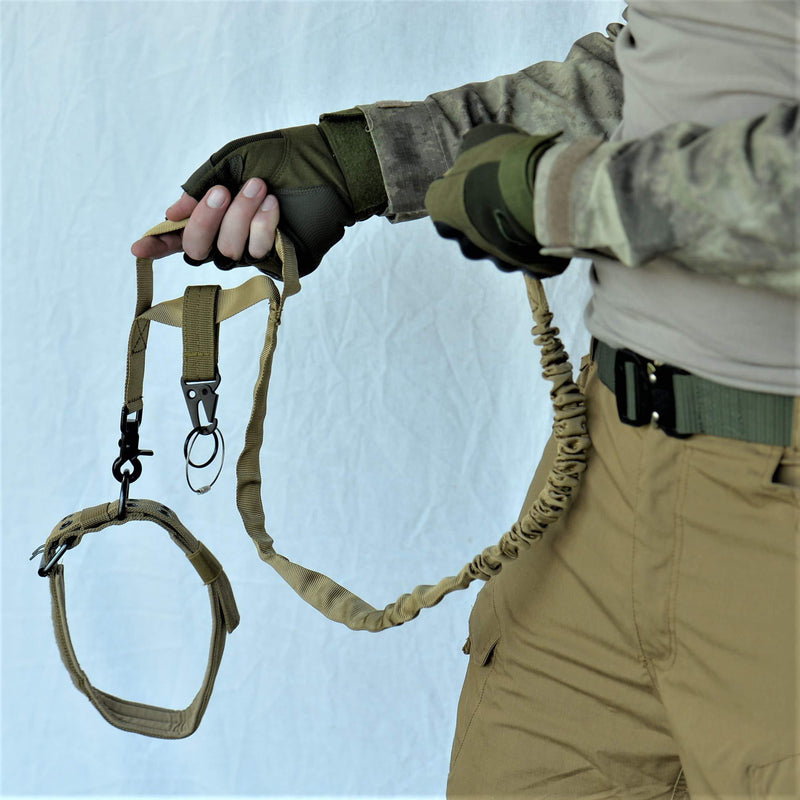 [Australia] - REBEL METTLE Tactical Dog Leash [Tan] (1) [Quick Release] + Adjustable Collar (1) + All Purpose MOLLE Hook Clip (1) for SWAT/Military / K9 Unit Tan 