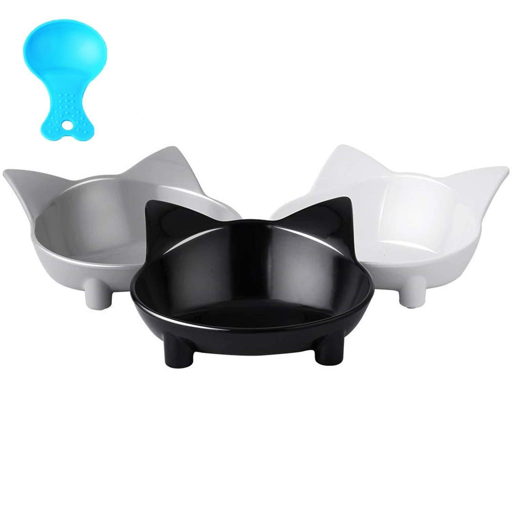 [Australia] - Vikedi Cat Bowls, 3 Pcs Cat Food Bowl, Shallow Cat Bowls Non-Slip Cat Dish with Pet Food Spoon, Wide Cat Feeding Bowl for Relief of Whisker Fatigue Pet Food & Water Bowls for Small Dogs Cats and Pets Black+White+Grey 