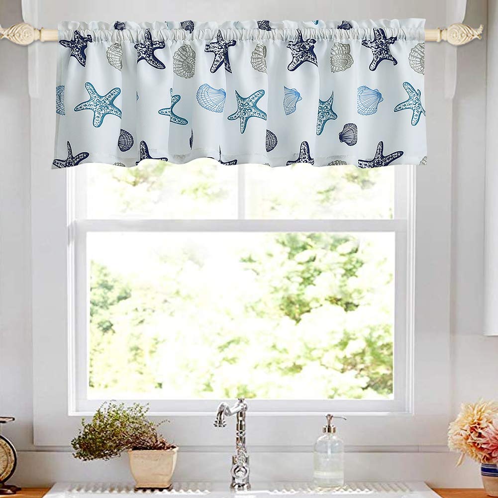 oremila Kitchen Curtain Valance 54" x 15" Multicolor Starfish Seashell Conch Window Valance for Kitchen and Bathroom, Rod Pocket, Blue 15" Valance - PawsPlanet Australia