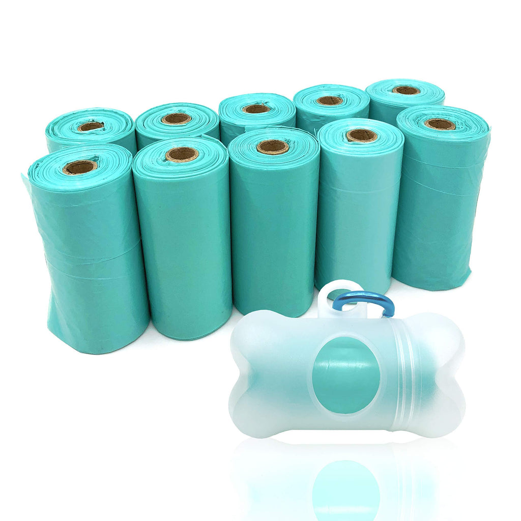 [Australia] - POQOD Dog Poop Bags - Leak-Proof Dog Waste Bags, Clean up Pet Poo Bag Refills (10 Rolls / 150 Count, Greenish-Blue,Purple) Includes Free Bone Dispenser and D-Ring Carabiners Clip Blue 
