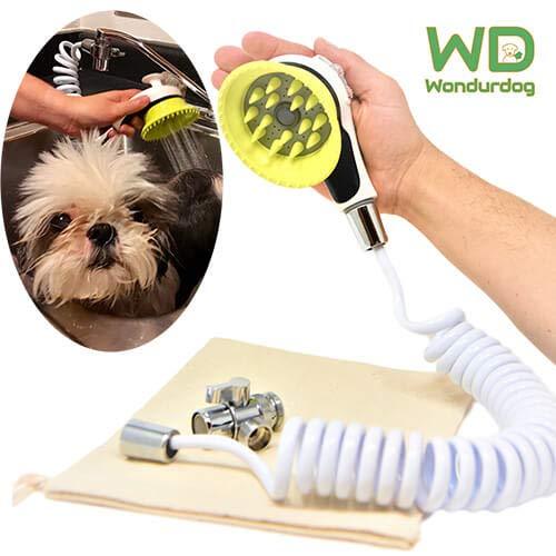 [Australia] - Wondurdog Quality Sink Faucet Pet Wash Kit | Innovative Shower Brush w/Splash Shield | 10ft Recoil Hose & Metal Faucet Diverter | Kitchen, Bathroom, Utility & Laundry Sinks | Faucet Adapters Included 