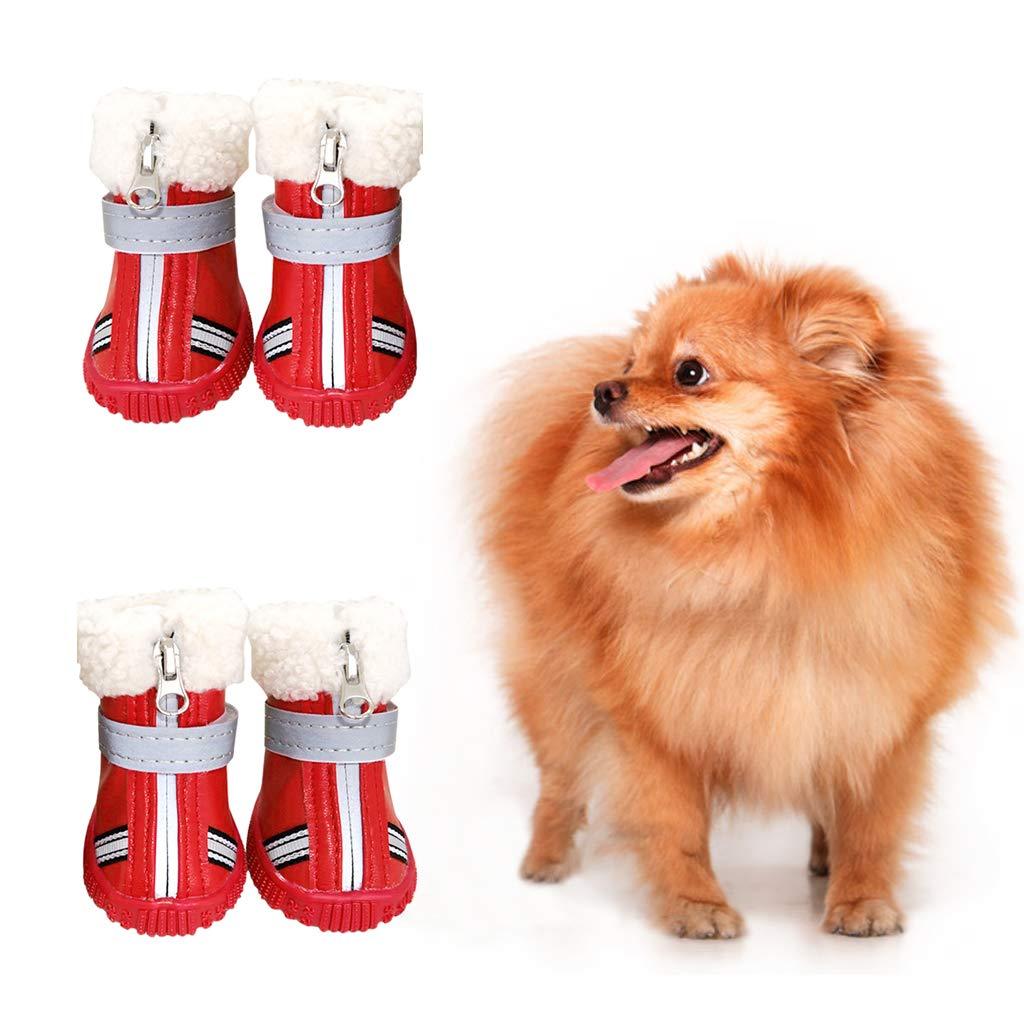 [Australia] - Hony Winter Dog Boots Waterproof Pet Shoes with Reflective Straps Paw Protectors for Small Puppy Antiskid Shoes,4pcs,Red,Black S:1.85''×1.45''(L*W) Red 