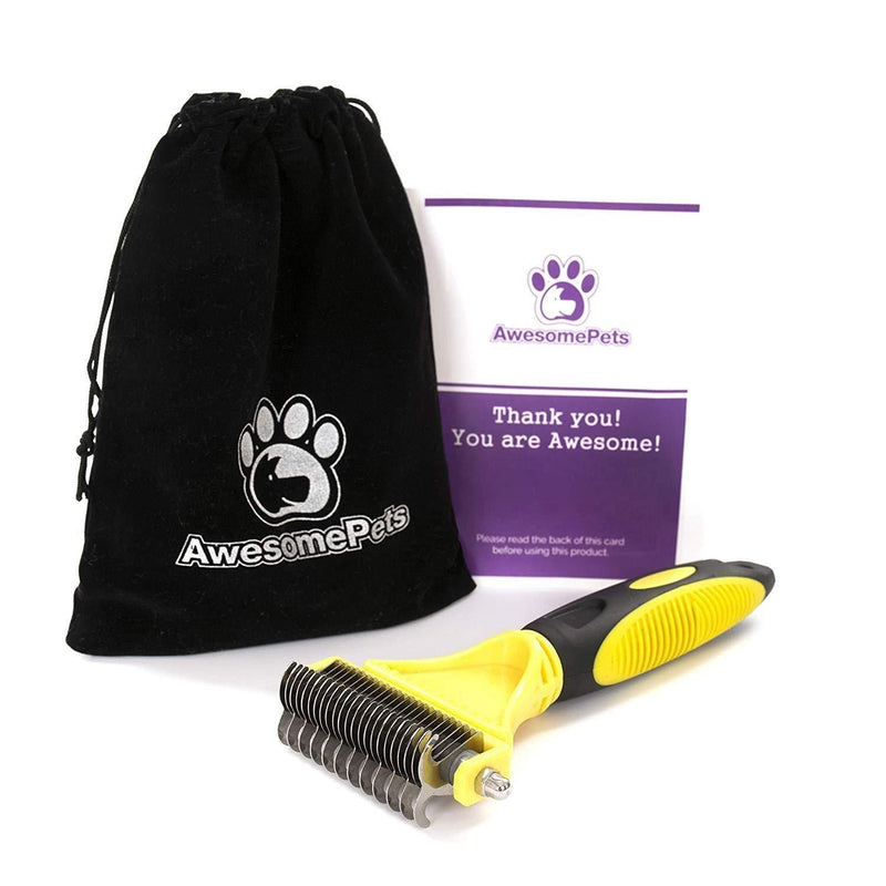[Australia] - AwesomePets - Dematting, Deshedding Brush, Rake and Comb for Dogs, Cats with 12+23 Teeth, Round, Sharp, Safe Grooming Tool and Shedding Brushes for Curly, Short and Long Haired Pets with Velvet Pouch 