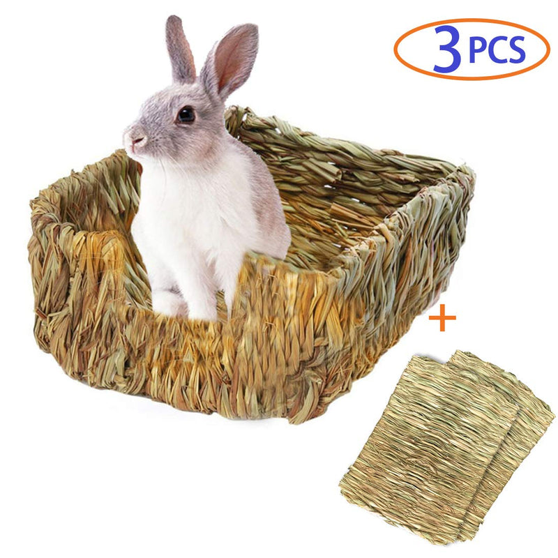 [Australia] - Tfwadmx Rabbit Grass Bed, Bunny Hay Mat Pet Bedding Chew Toys Natural Woven Grass House for Bunny Hamster Chinchillas Guinea Pigs Ferret Gerbil Rat and Small Animals (3 Pcs) 