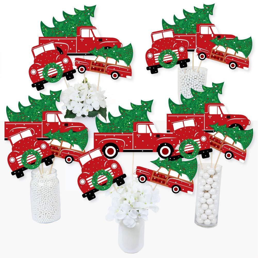 Big Dot of Happiness Merry Little Christmas Tree - Red Truck and Car Christmas Party Centerpiece Sticks - Table Toppers - Set of 15 - PawsPlanet Australia