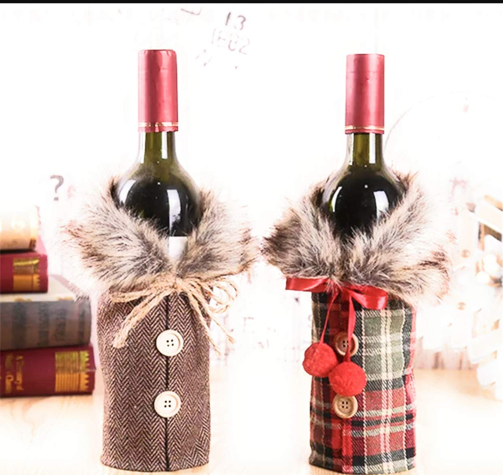 2pcs Christmas Sweater Wine Bottle Cover, Newest Collar & Button Coat Design Wine Bottle Sweater Wine Bottle Dress Sets Xmas Party Decorations (style A) - PawsPlanet Australia