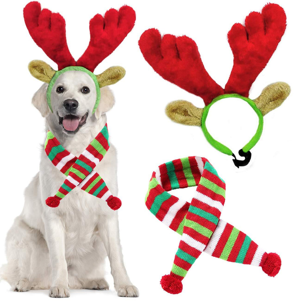 [Australia] - Malier Christmas Holiday Elk Reindeer Antlers with Ears and Red-White-Green Striped Scarf Set, Dog Costumes Accessories, for Dogs Puppies Cats Pet Small 