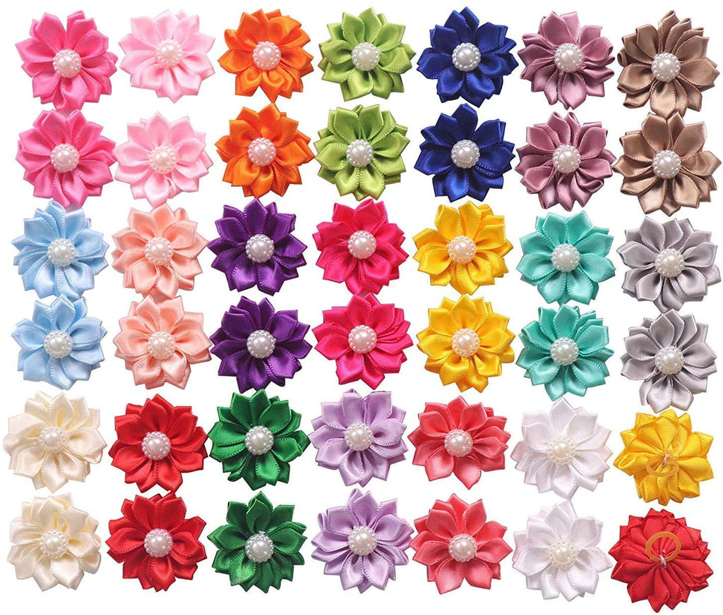 YAKA 40PCS(20Paris) Cute Dog Hair Bows with Rubber Bands Pearls Flowers Topknot Dog Bows Pet Grooming Products 20 Colors - PawsPlanet Australia