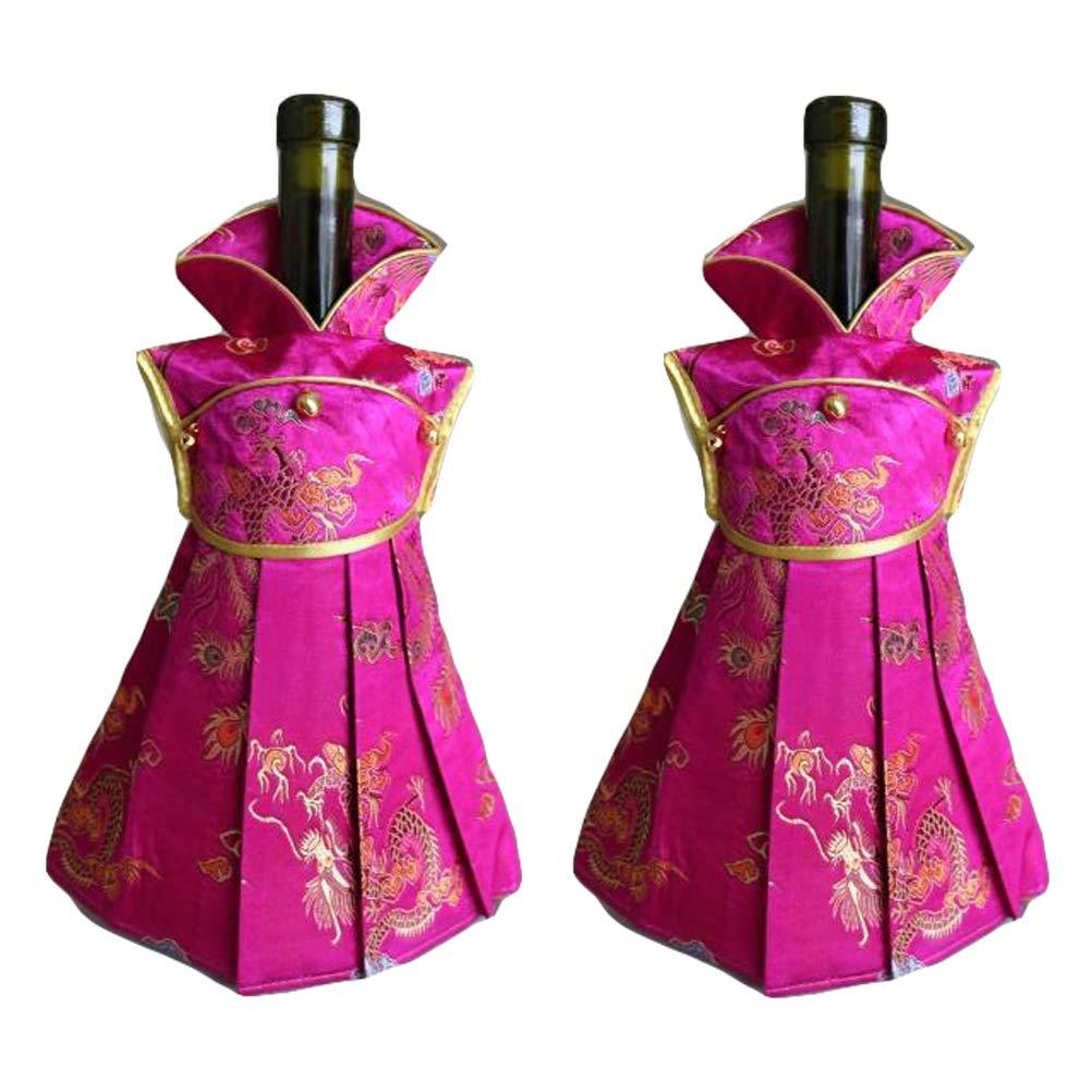 OOCC 2Pcs Chinese Brocade Dress Wine Bottle Cover China Dress Cheongsam Wine Bags Champagne Bags for Party Christmas Decorations Hotel Bar Kitchen Table Decor (Rose) Rose - PawsPlanet Australia