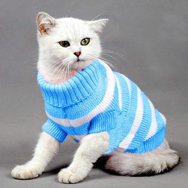 Aiwind Warm Striped Cat Dog Sweater Soft Fall Pullover Winter Pet Clothes Turtleneck Knitwear for Kitten Cat Dog Puppy XS Blue and White - PawsPlanet Australia