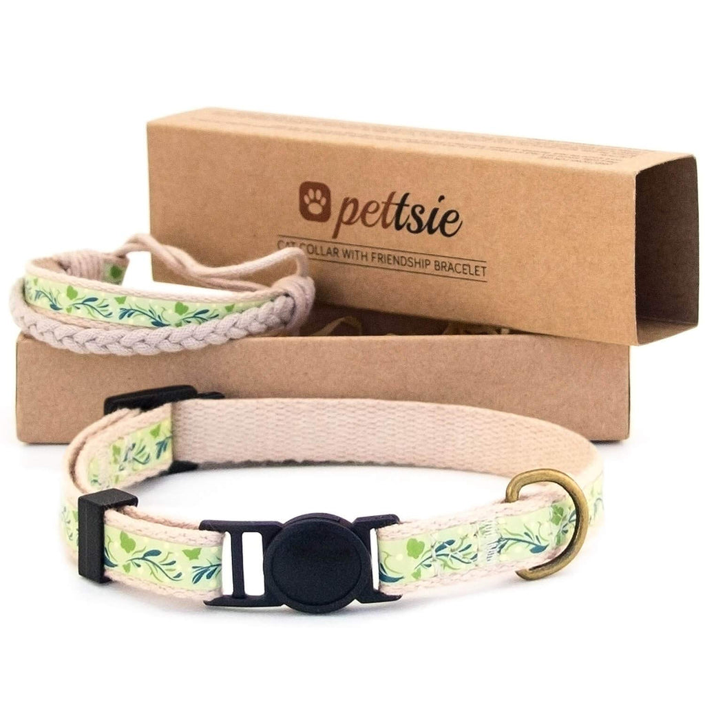 [Australia] - Pettsie Cat Collar Breakaway & Matching Friendship Bracelet, Eco-Friendly Gift Box, D-Ring for Accessories, 100% Cotton for Extra Safety & Comfort, Easy Adjustable Green 