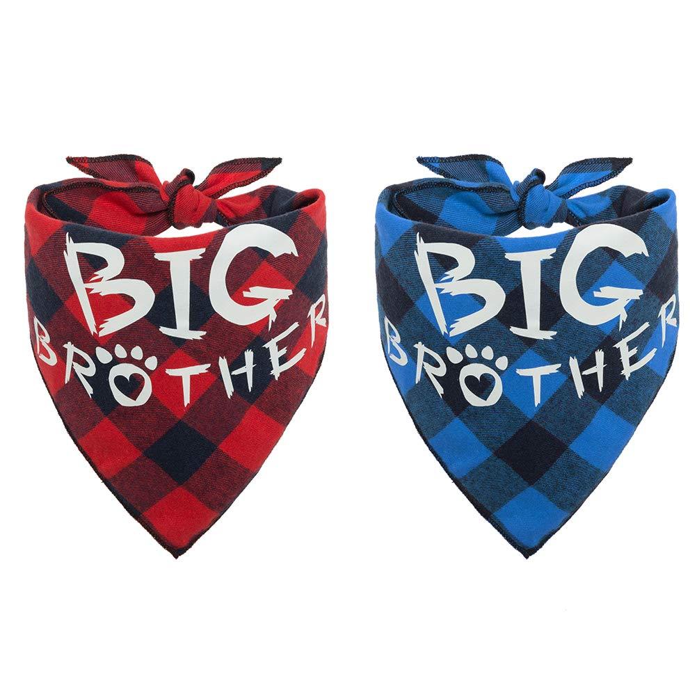 PAWCHIE 2 PCS Plaid Dog Bandana with Big Brother Printing Reversible Triangle Bibs Scarf Accessories for Dogs Cats Red & Blue - PawsPlanet Australia