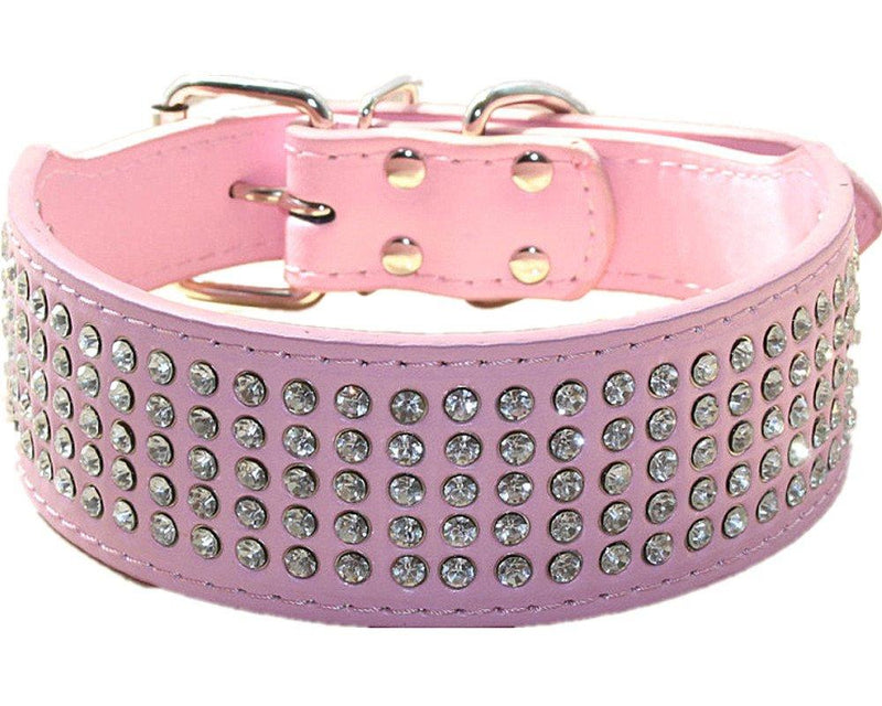 [Australia] - haoyueer Rhinestones Dog Collars 5 cm Width 5 Rows Full Sparkly Crystal Diamonds Dazzling Sparkling Elegant Fancy PU Leather Dog Collar for Medium & Large Dogs M Pink 