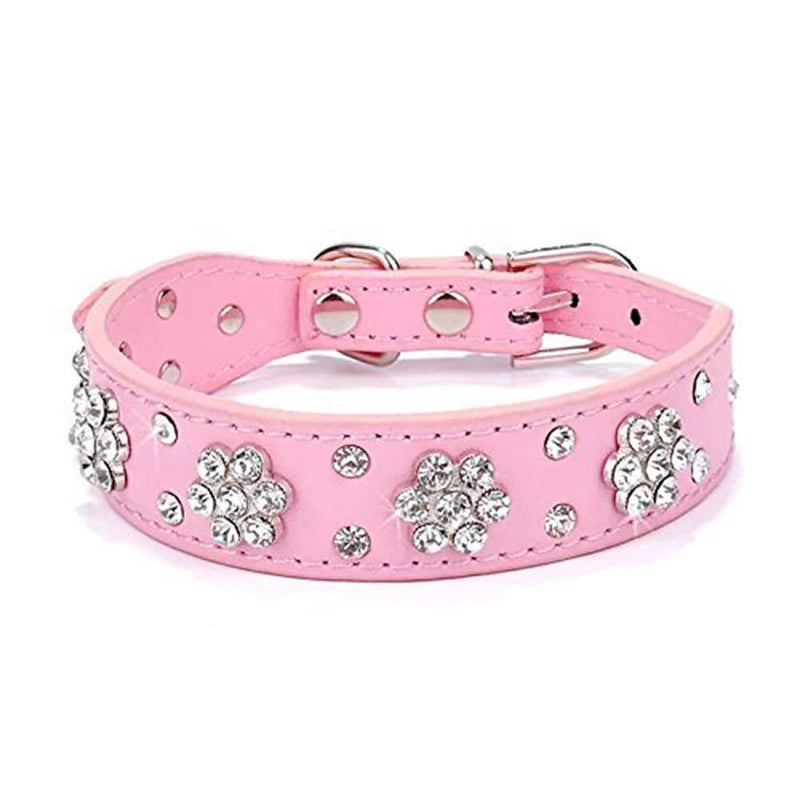 [Australia] - haoyueer Rhinestone Dog Collar, Cute Flower Rhinestone Cat Dog Collar Bling Collar PU Leather Collar Adjustable Sizes Small Medium Large Pink 