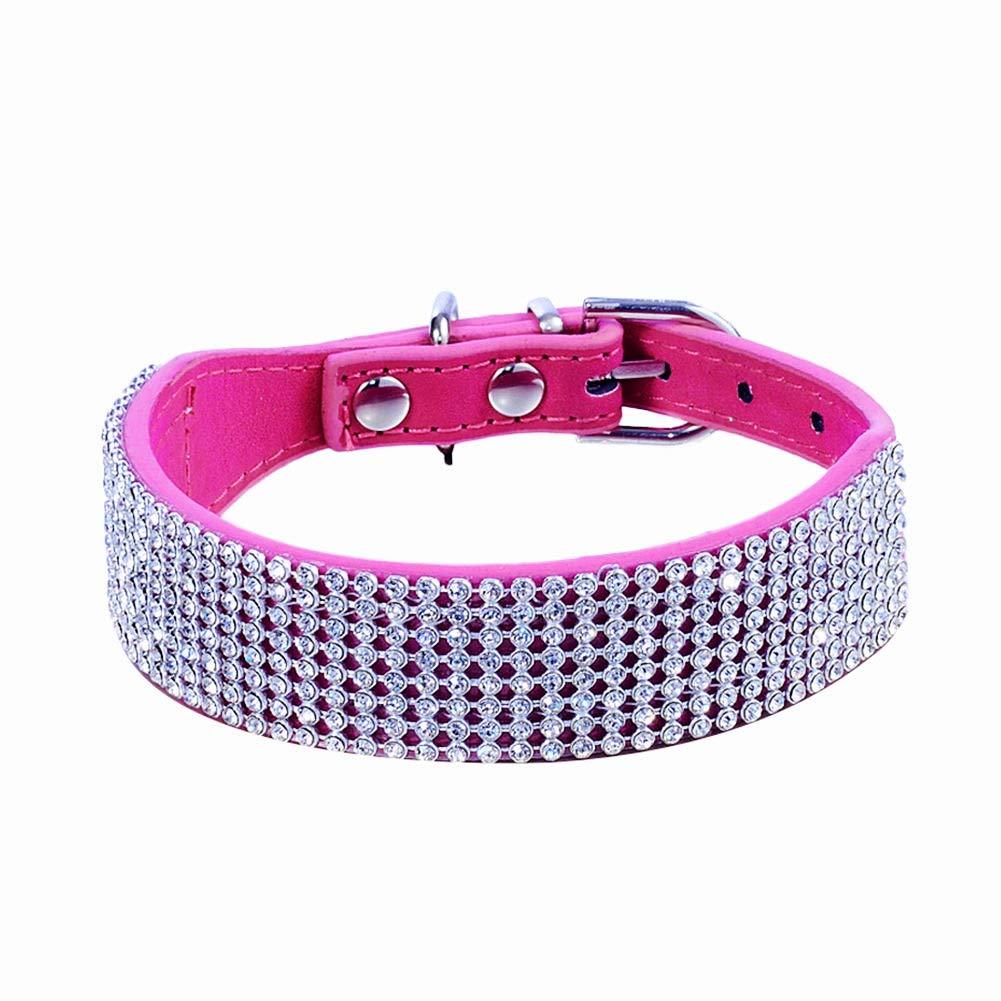 [Australia] - haoyueer Rhinestone Dog Collar, Bling Rhinestone Suede Leather Crystal Diamond Rhinestones Small Pet Cat Dog Puppy Collar M Hot Pink 