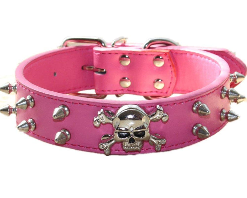 [Australia] - haoyueer Spiked Leather Dog Collar - 2 Rows Bullet Rivets Studded PU Leather - Cool Skull Pet Accessories for Medium and Large Dogs M Hot Pink 