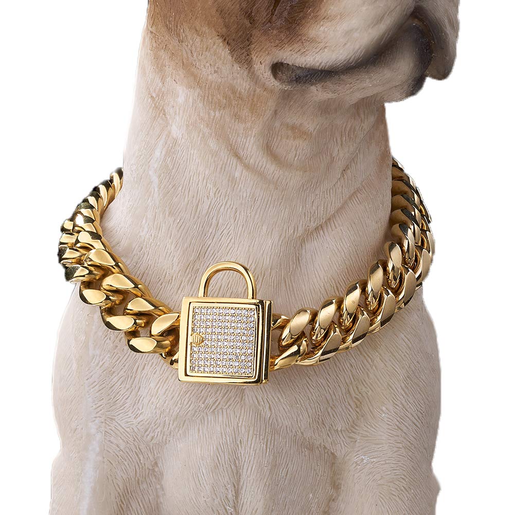 [Australia] - Granny Chic Top Cubic Zirconia Lock Stainless Steel 18K Gold Plated Curb Cuban Chain Dog Training Walking Choke Collar 26 inches(for 23.6"~25.5"Neck) 