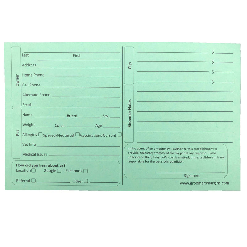 [Australia] - Pet, Dog, Cat Grooming Customer Clip Cards (100 Pack 8 X 5 inch Professional Profile Kennel Record Care Service Card) Green 