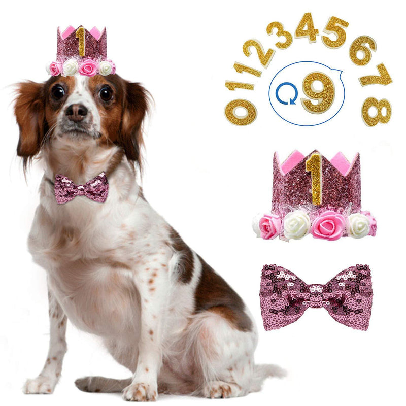 Dog Birthday Girl-Crown Dog Birthday Hat-with 0-9 Figures Charms Grooming Accessories Pack of 1-Pink Adjustable Bow-Great Dog Birthday Outfit and Decoration Set. - PawsPlanet Australia