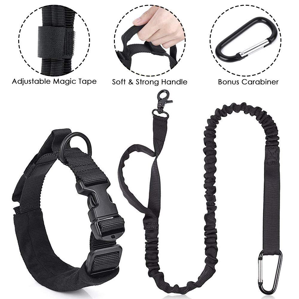[Australia] - Lukovee Tactical Dog Collar and Leash Set, Adjustable Military Training Nylon Collar and Hands Free Heavy Duty Bungee Lead with Soft Cover Control Handles Quick Release Buckle for Dogs Daily Walks New Black 