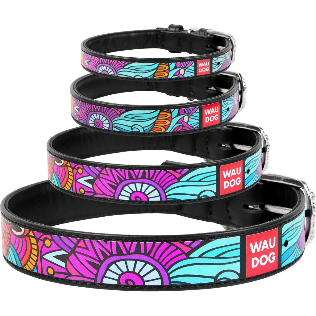 [Australia] - WAUDOG Leather Dog Collar - Collorful Printed Dog Collars for Small Medium Large Dogs - Handmade with Real Genuine Leather - Black Summer Pattern M 15-19" Neck 1" Wide 